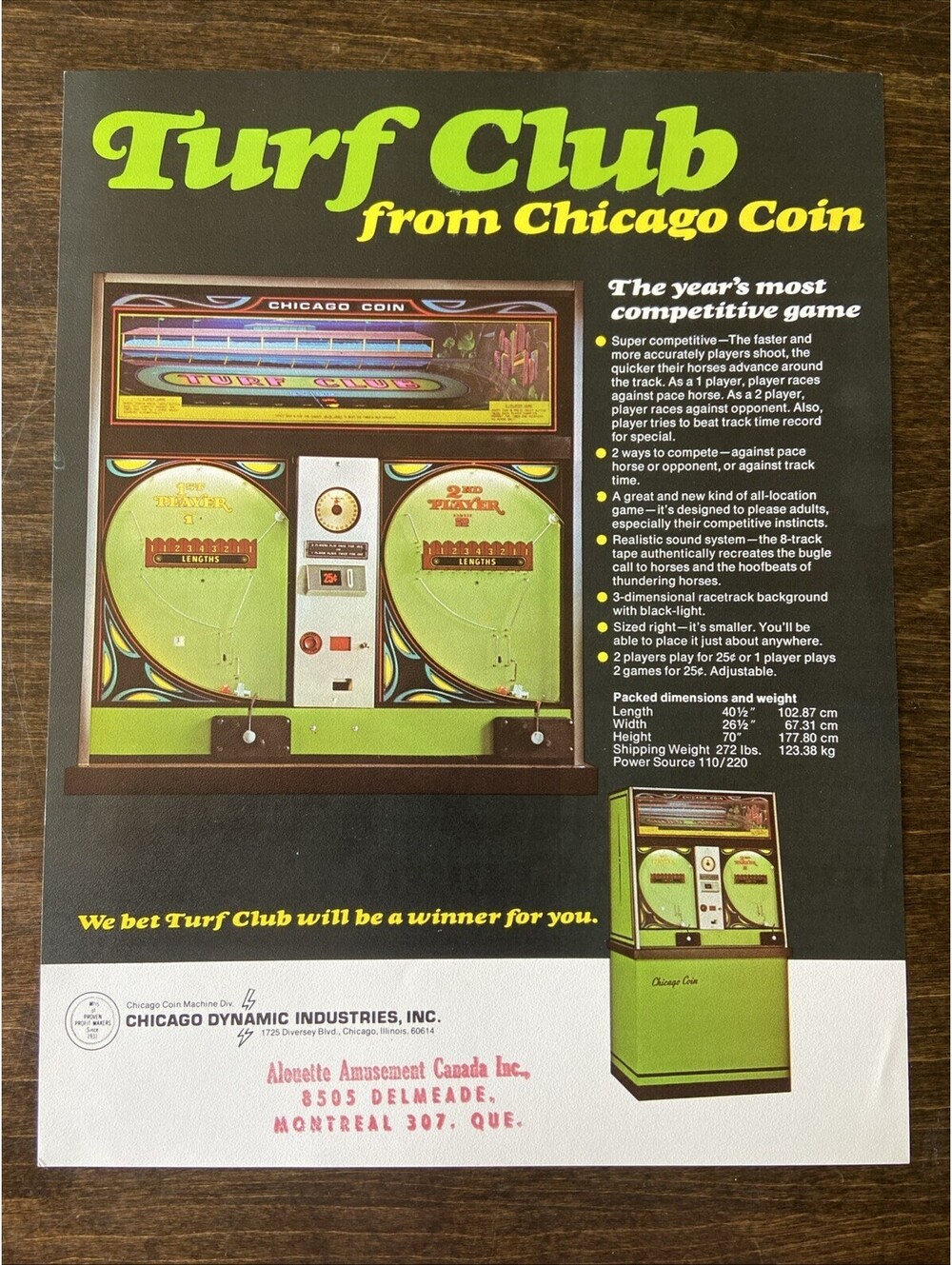 Chicago Coin Turf Club Arcade Pinball FLYER Original Ad Promo Poster Not PCB